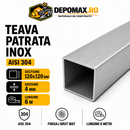Teava patrata inox AISI 304, 120 x 120 x 4 mm, 6 metri